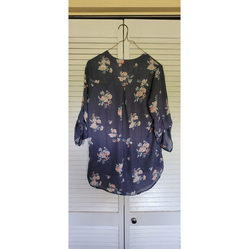 Navy Blue Floral Chiffon Blouse Roll-Tab Sleeve V-Neck High Low Hem Top Size M